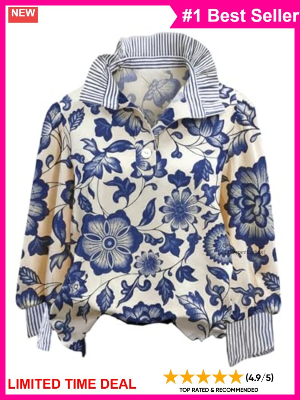 Boho Floral Striped Ruffle Button Up Blouse Collared Work Shirt